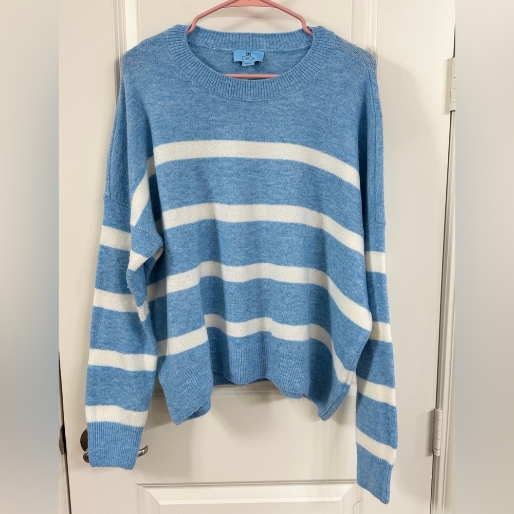 CeCe Sky Blue and White Striped Sweater